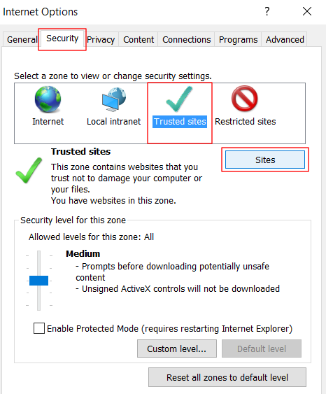 Internet Options => Security => Trusted sites
