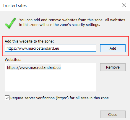 Internet Options => Security => Trusted sites => Adaugare site