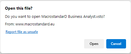 Mesaj de avertizare la deschiderea link-ului direct .vsto. Alege Open